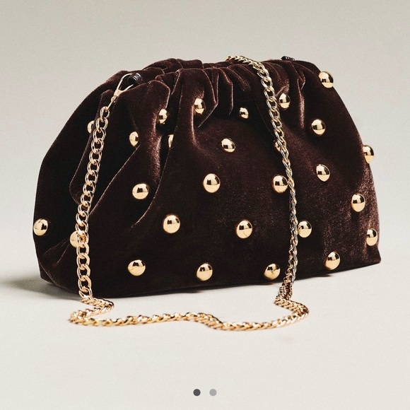 Anthropologie Handbags - NWT new Anthropologie studded Velvet Clutch brown gold Gold crossbody purse bag